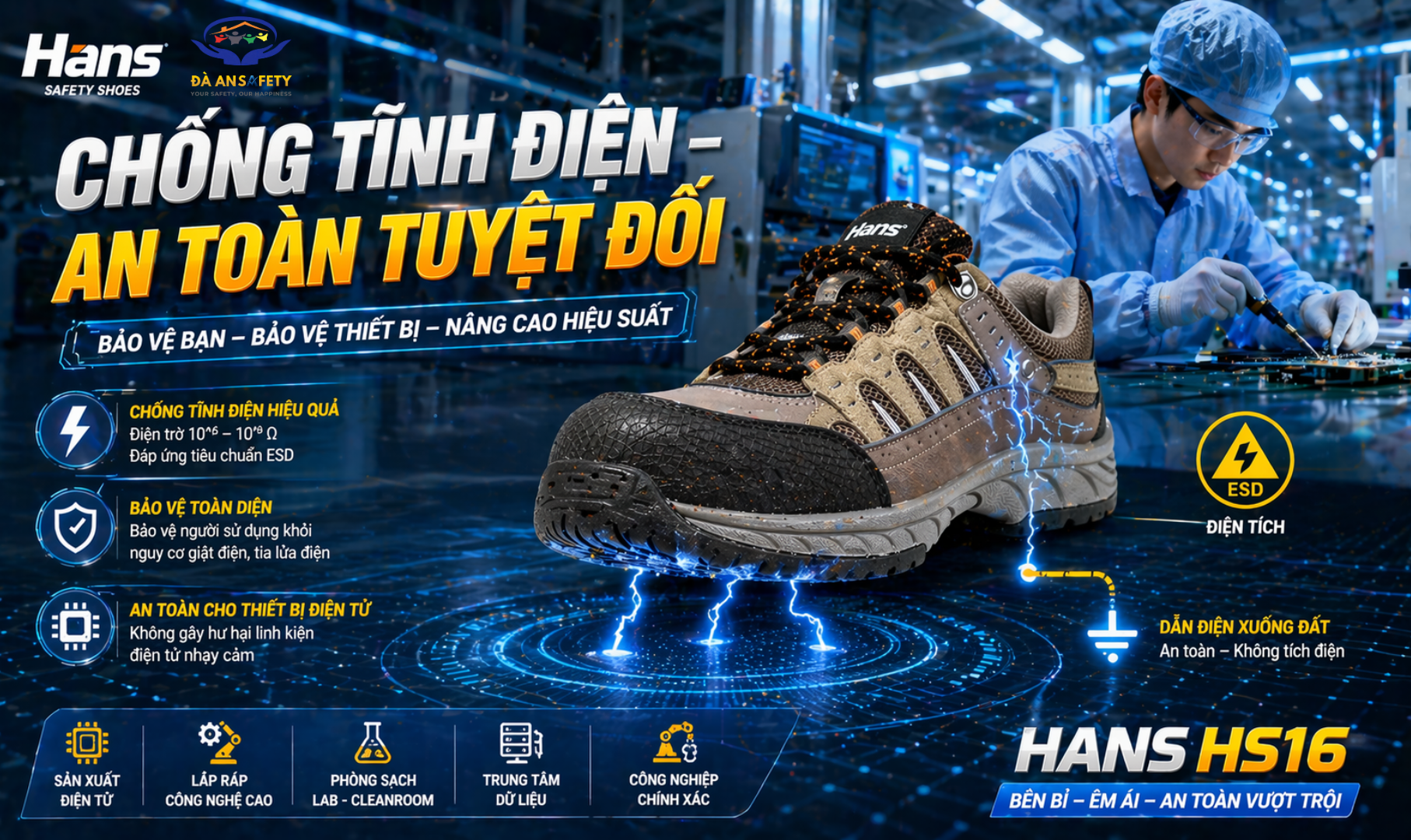 Giày bảo hộ Hans HS16 tại Đà Nẵng chống tĩnh điện