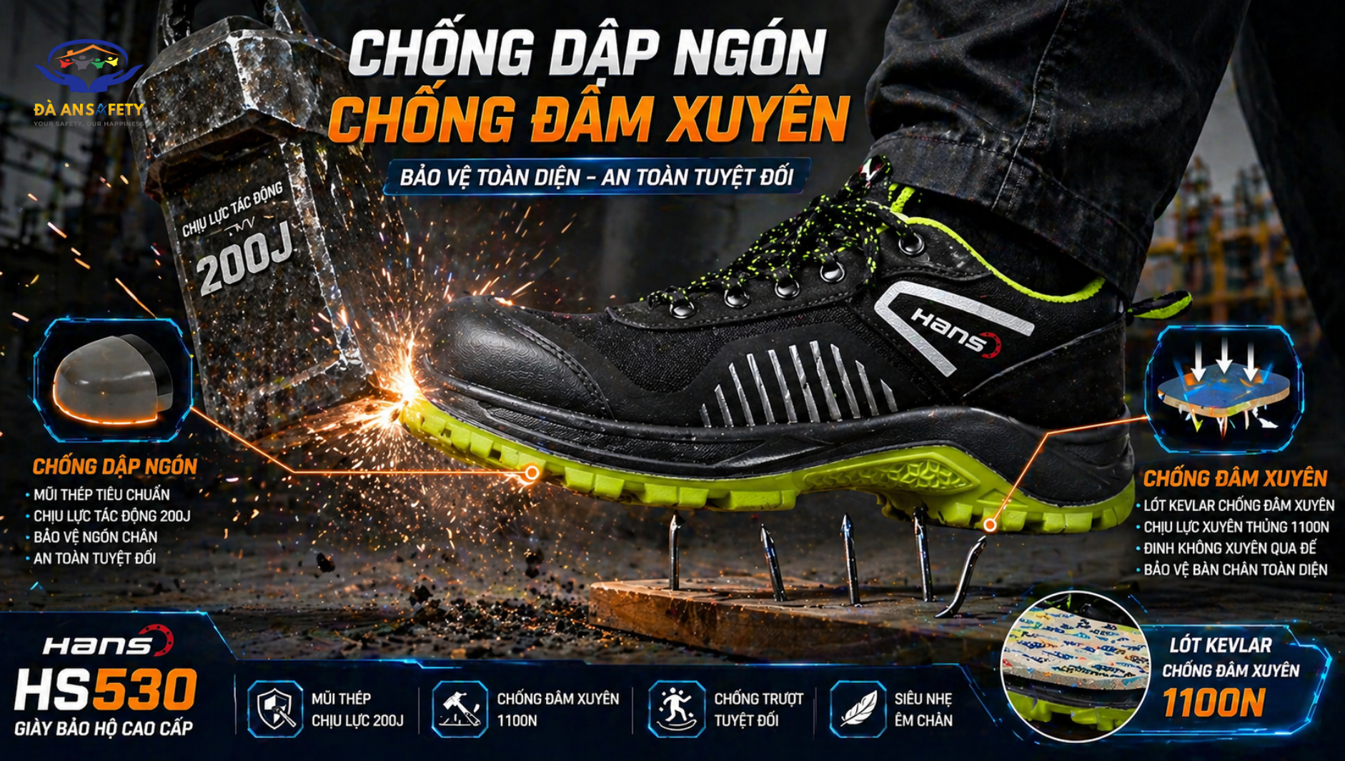 Giày bảo hộ Hans HS530 tại Đà Nẵng chống đâm xuyên