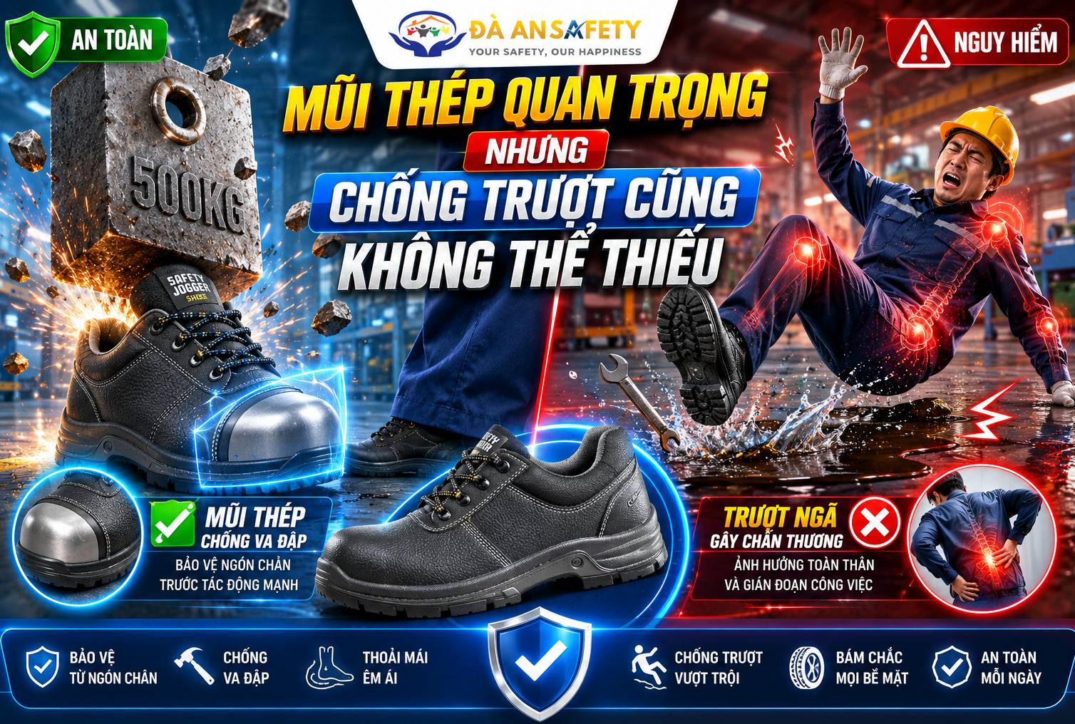 Giày bảo hộ lao động tại Đà Nẵng không thể thiếu chống trượt