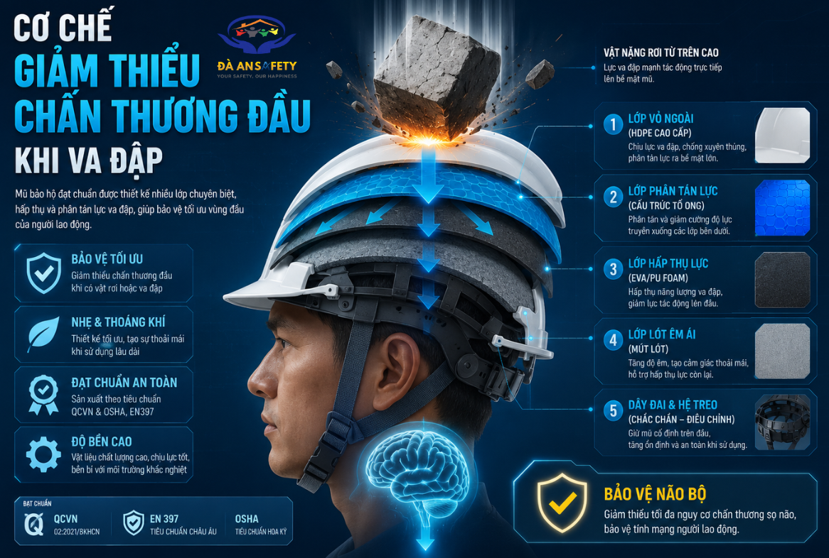 Mũ bảo hộ lao động tại Đà Nẵng cơ chế giảm chấn thương