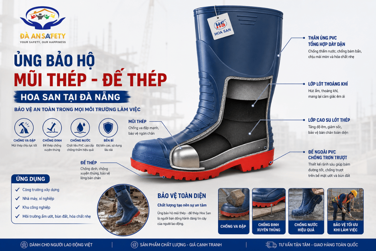 Ủng bảo hộ mũi thép đế thép Hoa San Tại Đà Nẵng cấu tạo